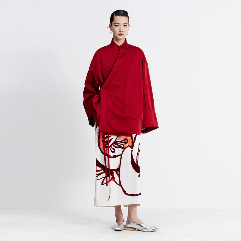 ZHUCHONGYUN2023秋新款新中式肌理感斜襟系带红色外套C1DE33248