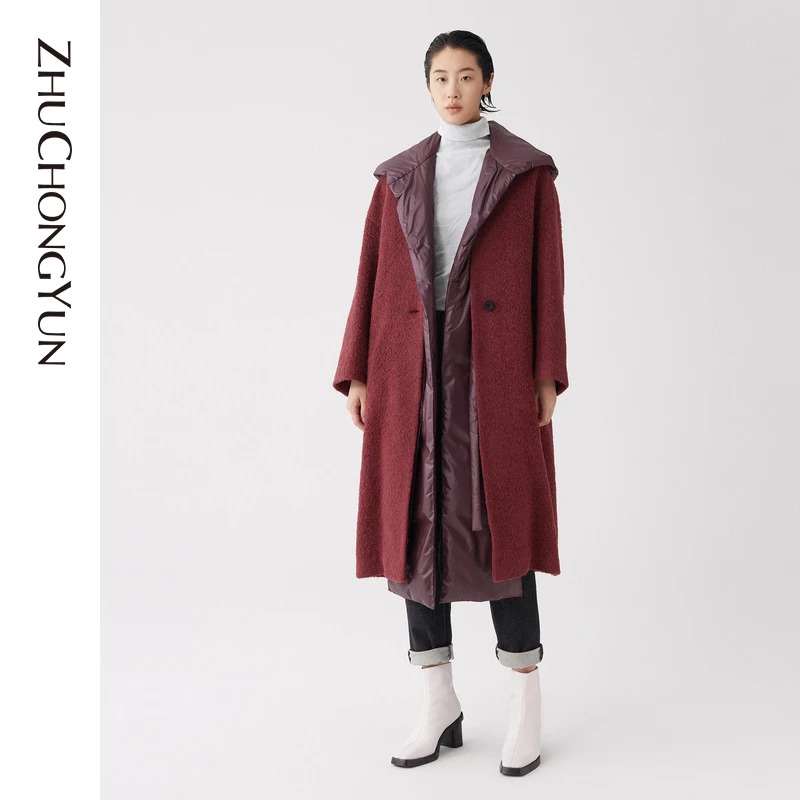 【防寒】ZHUCHONGYUN冬新款酒红色可拆卸领子毛呢大衣C1JS4391D
