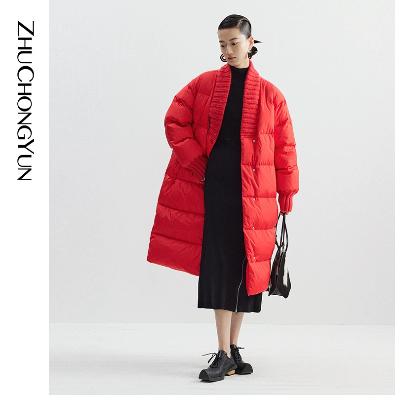 【米儿精选】ZHUCHONGYUN冬白鹅绒隽红罗纹拼领长外套