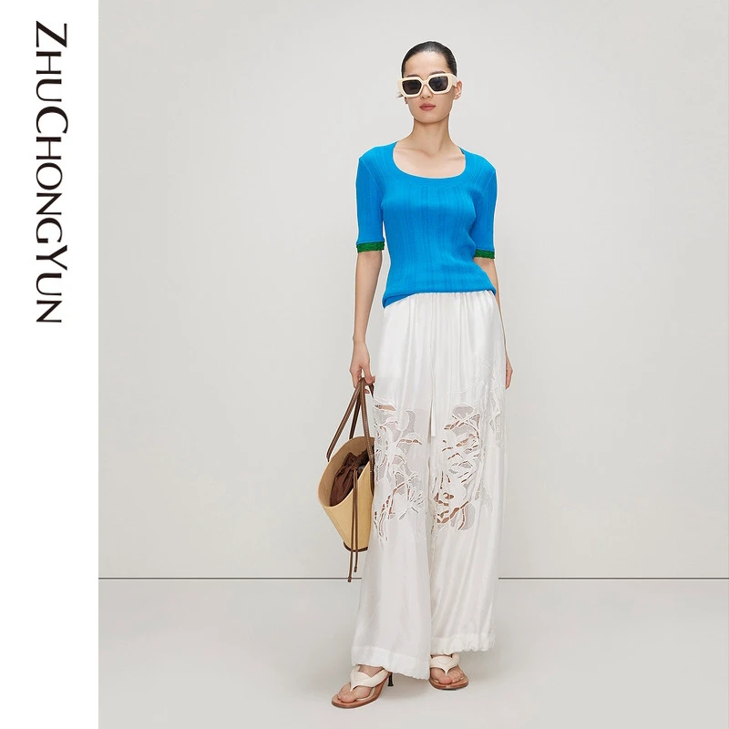 【花香系列】ZHUCHONGYUN修身短袖针织上衣气质打底衫C1CX2817M