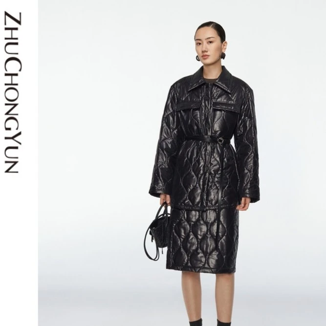 【防寒】ZHUCHONGYUN菱格纹工装大口袋翻领棉衣棉服女士C1BW3084L