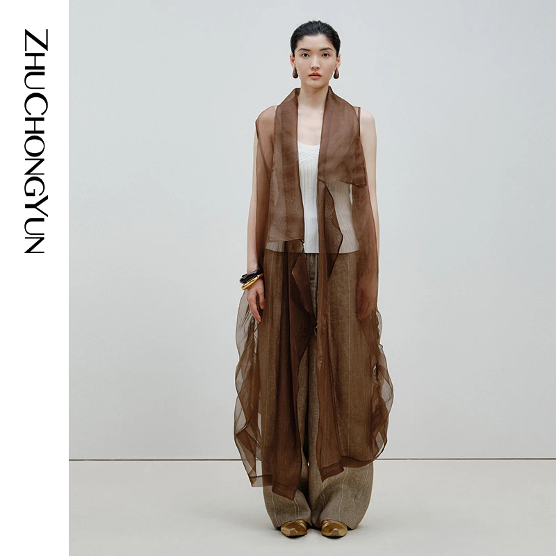 ZHUCHONGYUN24夏新款宽松长翻领解构设计感网纱背心马甲C1EG21554