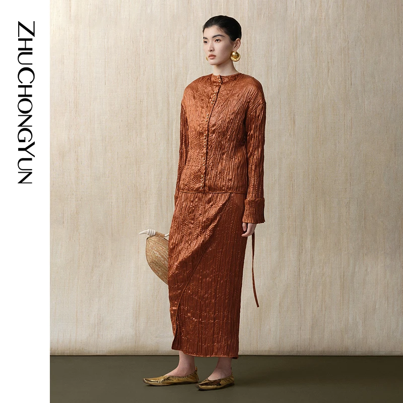 ZHUCHONGYUN2024新款简约优雅光泽褶皱绑带直筒长款半裙C1EG43332