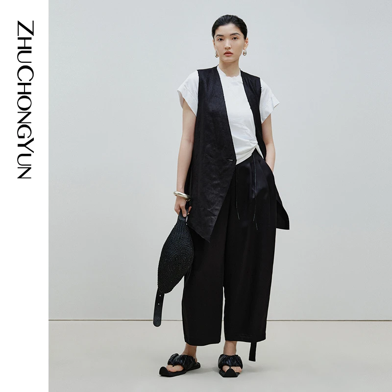 ZHUCHONGYUN夏黑色简约时尚直筒长裤子C1EG25455