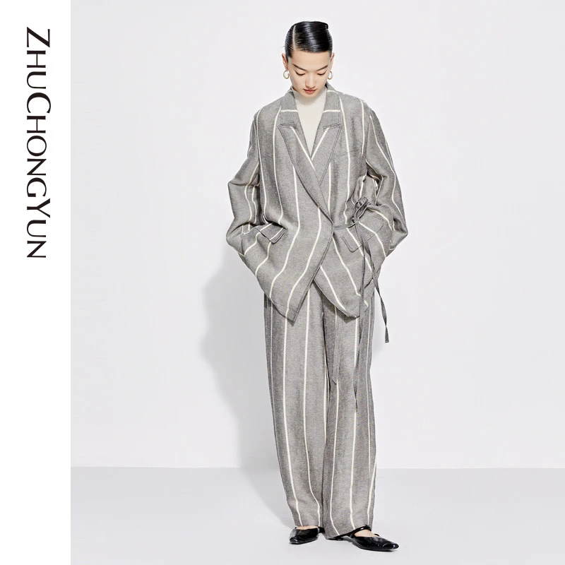 ZHUCHONGYUN亚麻条纹斜襟系带外套休闲女士西装时尚西服C1DE10528