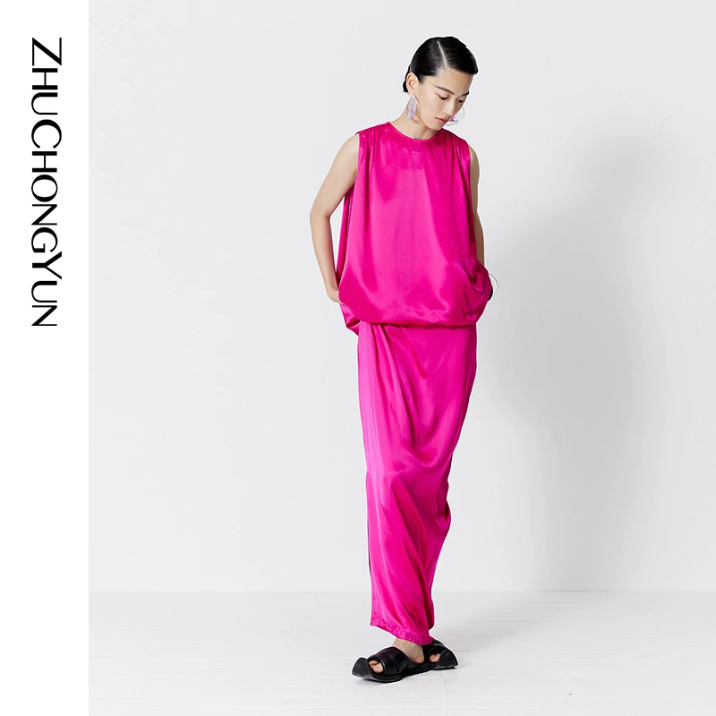 ZHUCHONGYUN2023夏新款缎面设计感无袖圆领上衣C1DE22061