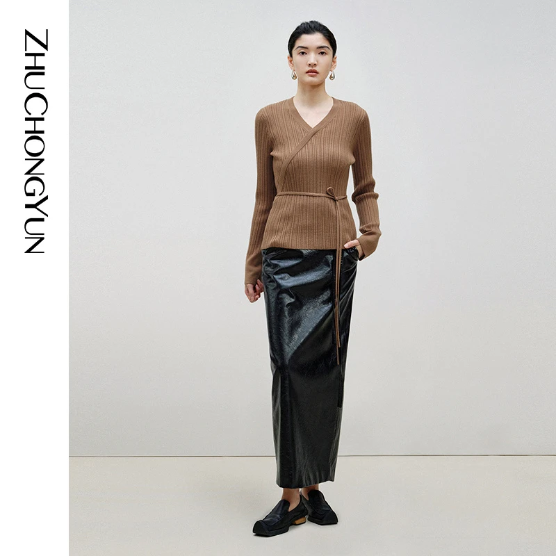 【云织绵韵】ZHUCHONGYUN2024春新款系带针织斜门襟上衣C1EG1772M