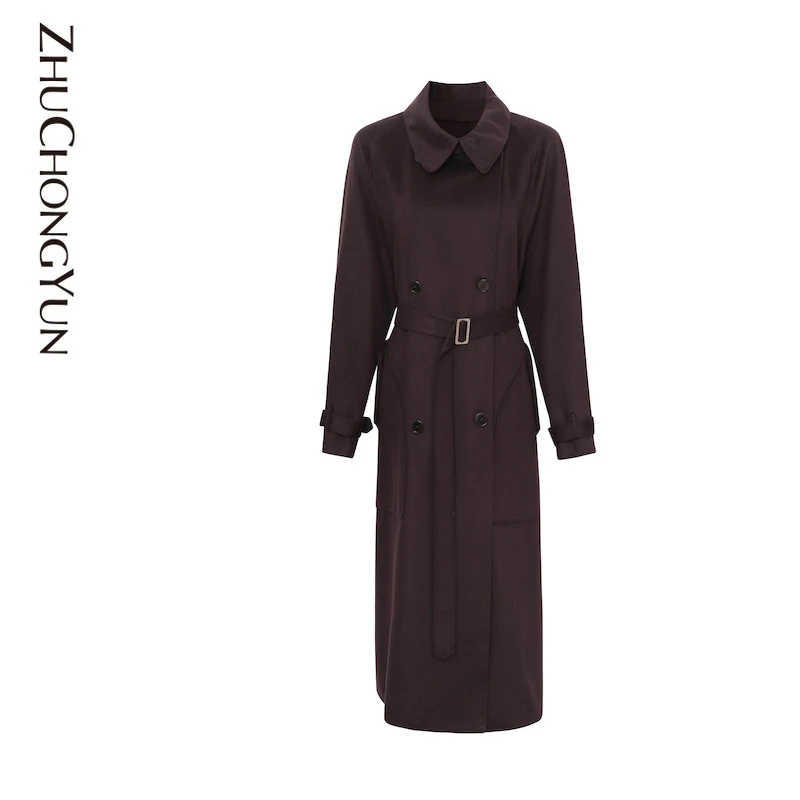 ZHUCHONGYUN秋通勤时尚翻领收腰绑带中长款风衣外套女士C1BW33458
