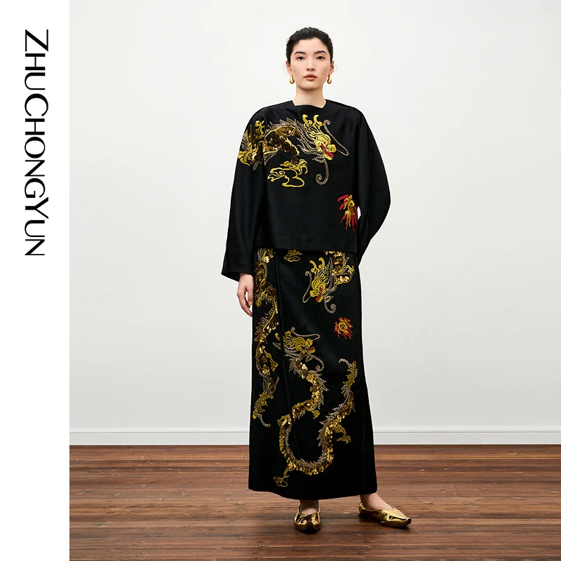 ZHUCHONGYUN2024冬重工龙纹花稿钉珠刺绣长款开衩半裙C1EG42482