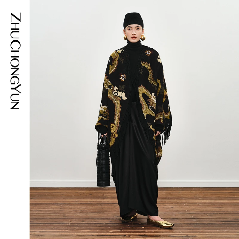 【龙腾悦色】ZHUCHONGYUN2024冬流苏丝毛提花中长款外套C1EG42428