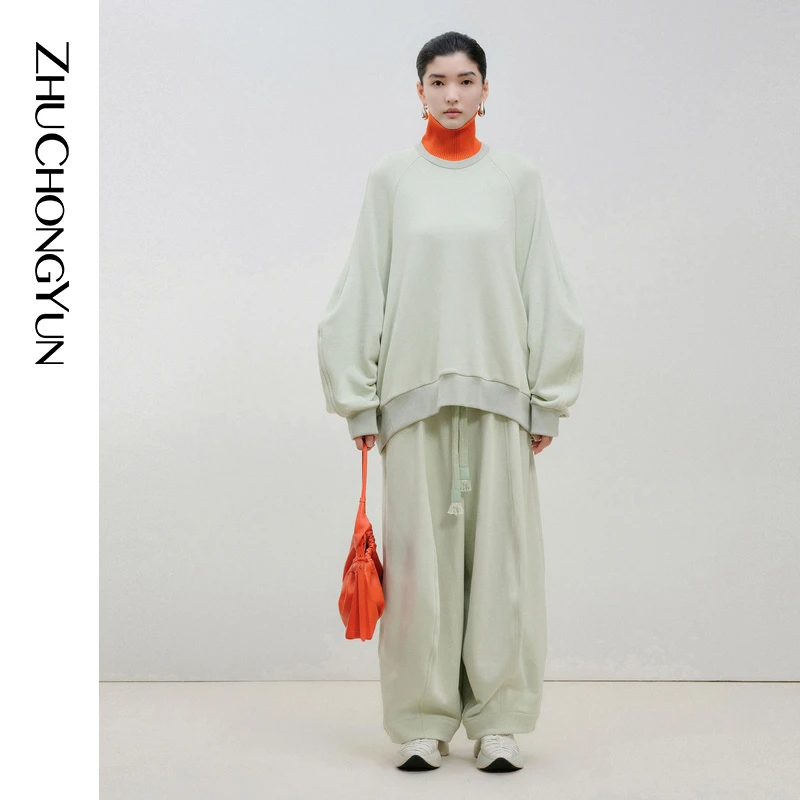 ZHUCHONGYUN24简约直筒版型绿色绑带收腰长裤裤子C1EG12505