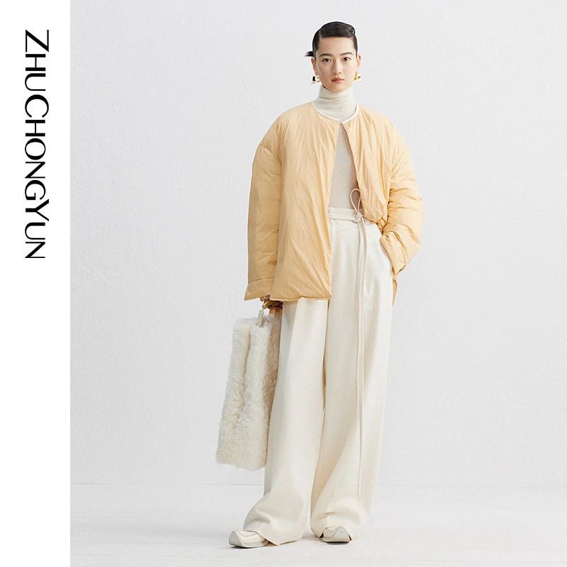 ZHUCHONGYUN冬中式杏色隐形磁铁扣薄款羽绒外套C1DE4222Y