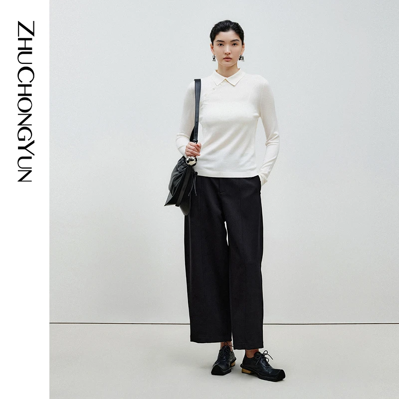 ZHUCHONGYUN2023冬新款素白纽扣斜襟休闲立领羊毛针织衫C1DE4870M