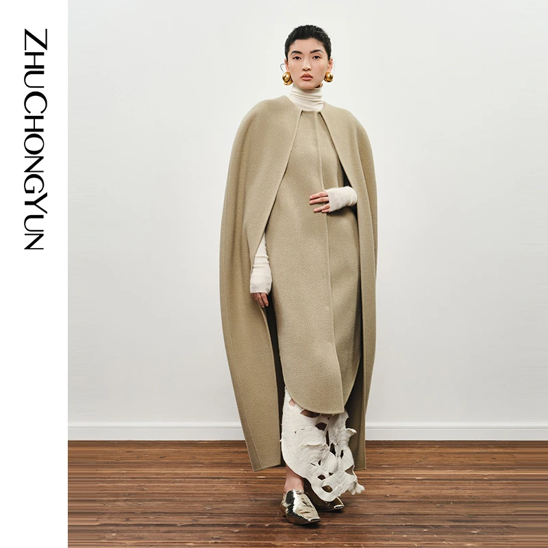 ZHUCHONGYUN2024冬新款浅卡绵羊毛双面呢圆茧型长款大衣C1EG4259D