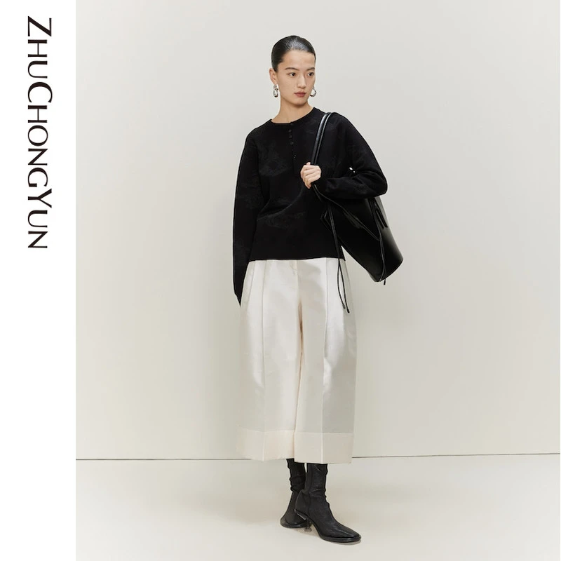 ZHUCHONGYUN新款通勤时尚白鹳提花桑蚕丝针织衫女士百搭C1CX1757M