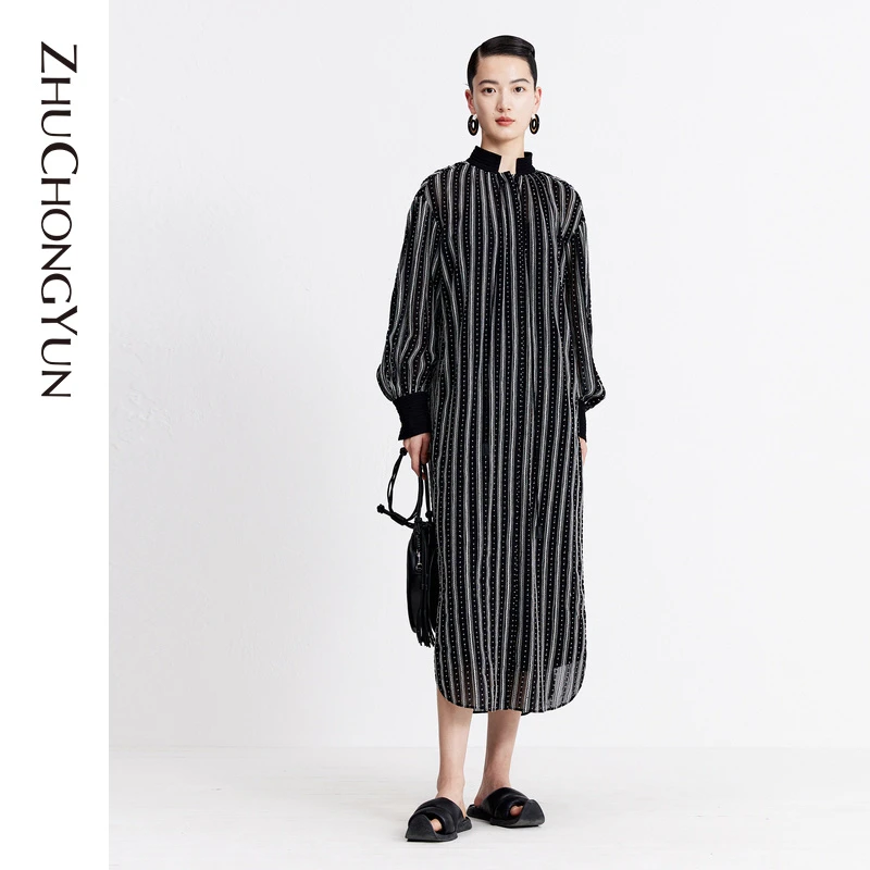 ZHUCHONGYUN重工刺绣叠搭立领设计师连衣裙C1DE31646