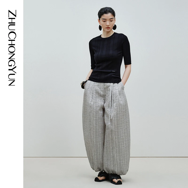 ZHUCHONGYUN简约圆领中袖修身针织打底内搭上衣C1EG2824M