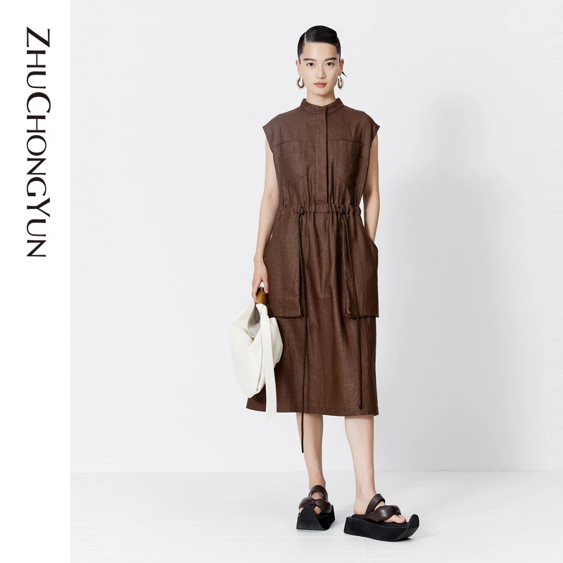 ZHUCHONGYUN2023夏新款亚麻设计感抽绳收腰无袖连衣裙C1DE22546