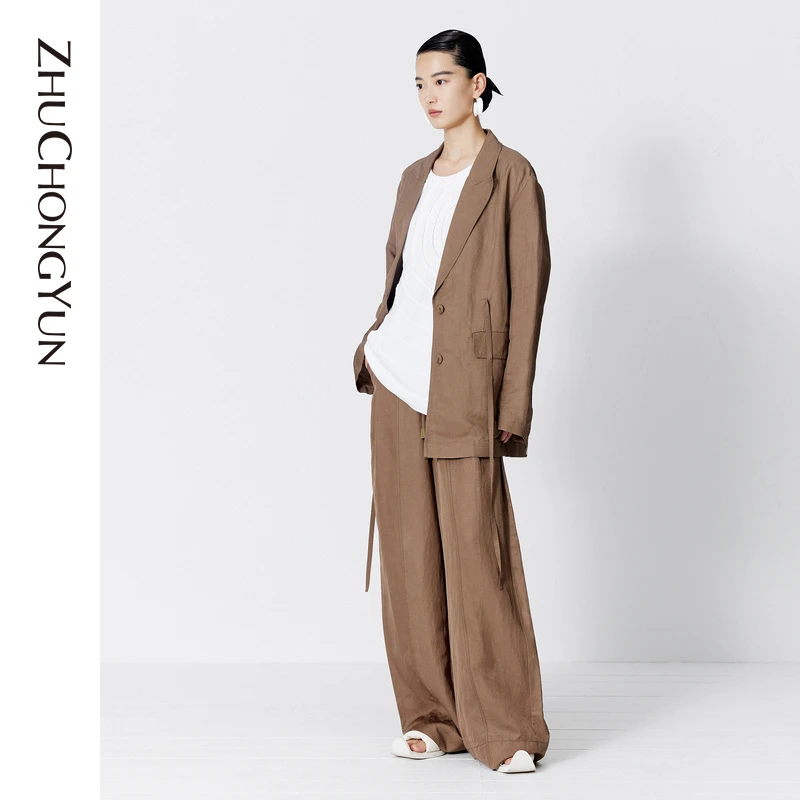 ZHUCHONGYUN2023夏新款亚麻休闲垂坠感抽绳系带阔腿长裤C1DE21675
