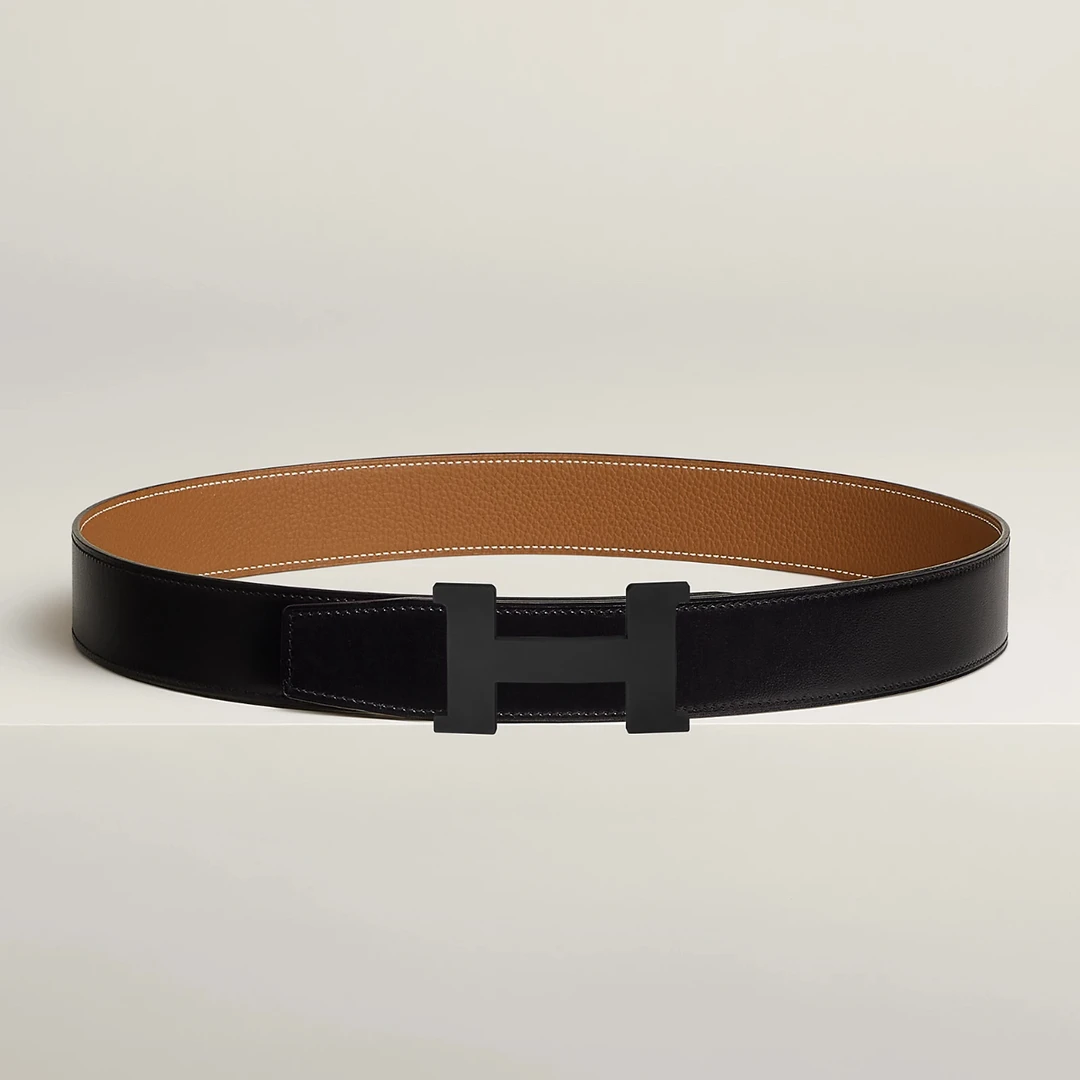 全新未使用 Hermes/爱马仕 黑棕男士 3.8cm 双面腰带黑扣全套礼盒