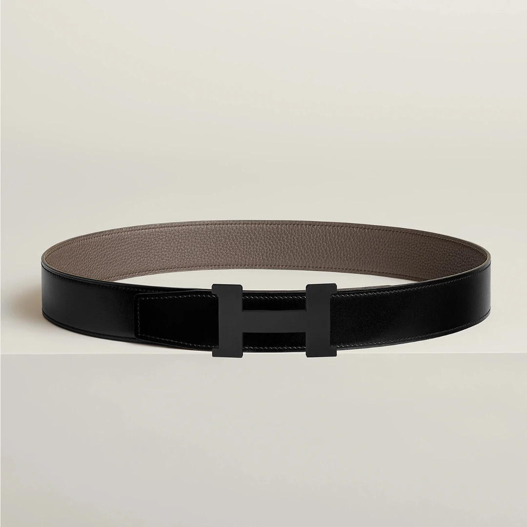 全新未使用 Hermes/爱马仕 锡器灰 男士 3.8cm 黑扣腰带 全套礼盒