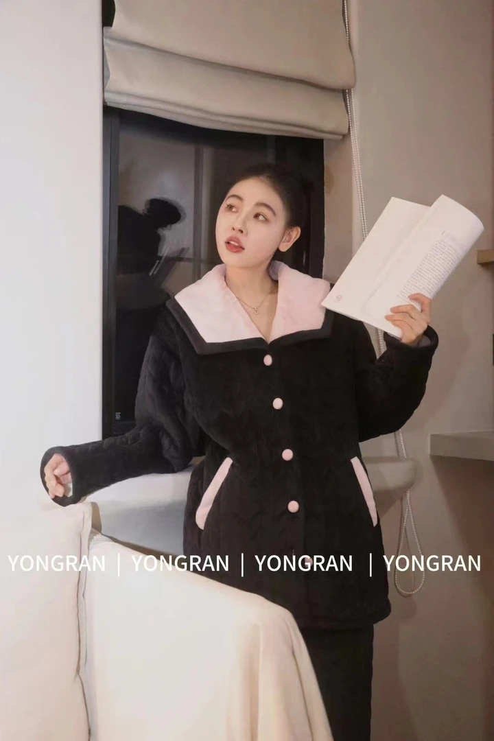 原创粉色领海军领三层夹棉加绒外穿套装原创品牌家居服秋冬