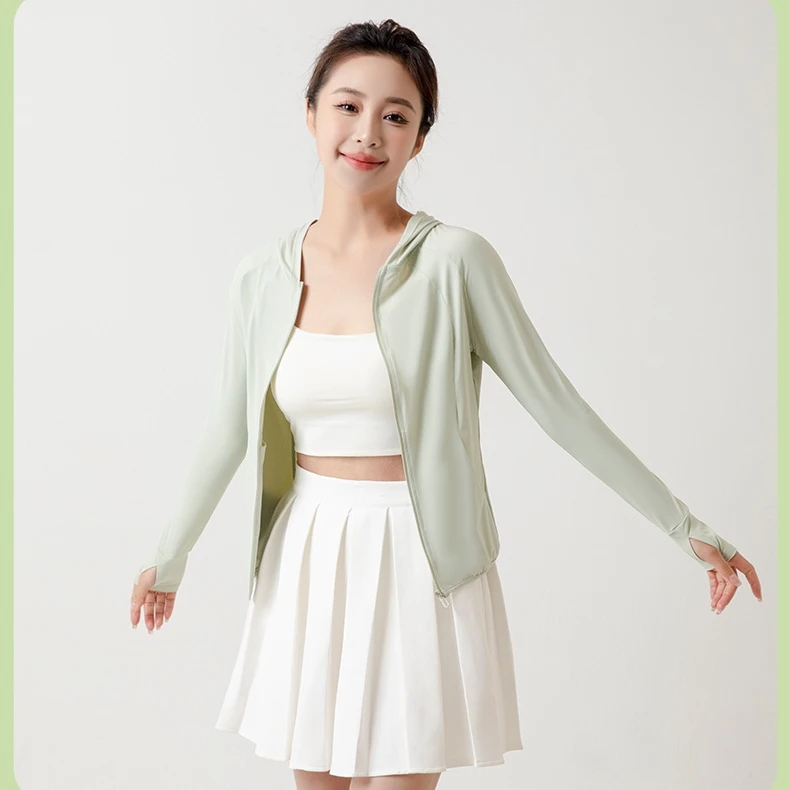 带帽夏季修身显瘦UPF50+高弹长袖透气紧身冰丝凉感防晒衣Q1256