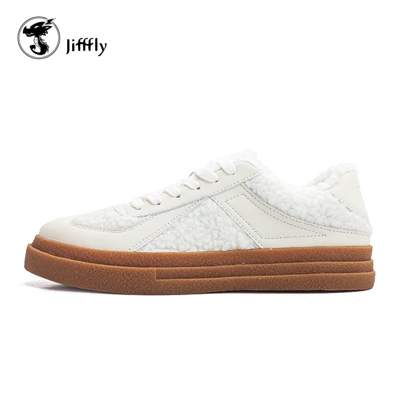 Jifffly秋冬保暖女鞋加绒板鞋复古德训鞋情侣小白鞋学生百搭时尚