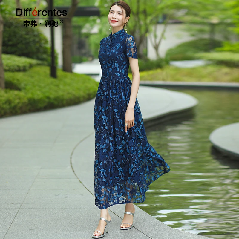 SS9301深蓝色优雅气质短袖蕾丝连衣裙