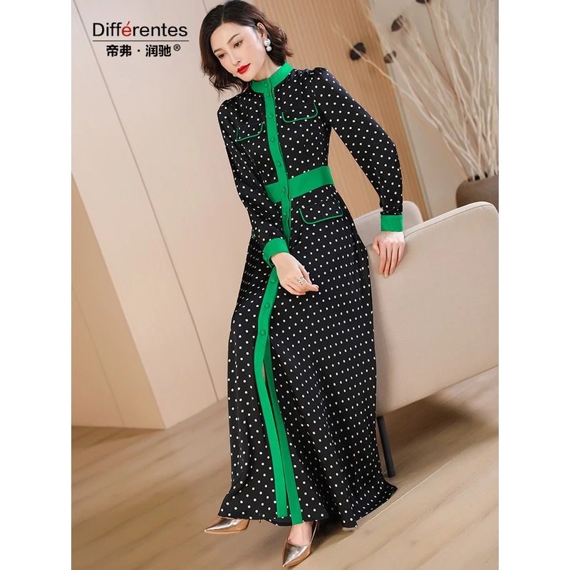 帝弗润驰2025新款高级设计感波点印花连衣裙洋气收腰及踝长裙