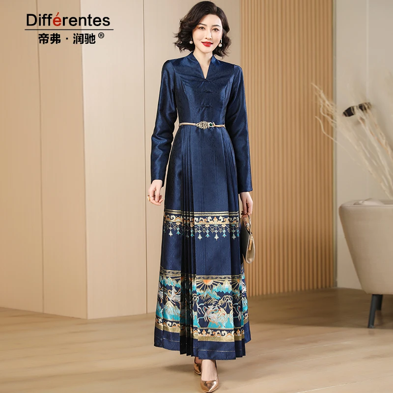 帝弗润驰春秋新款复古新中式藏青色马面裙长款收腰连衣裙及踝