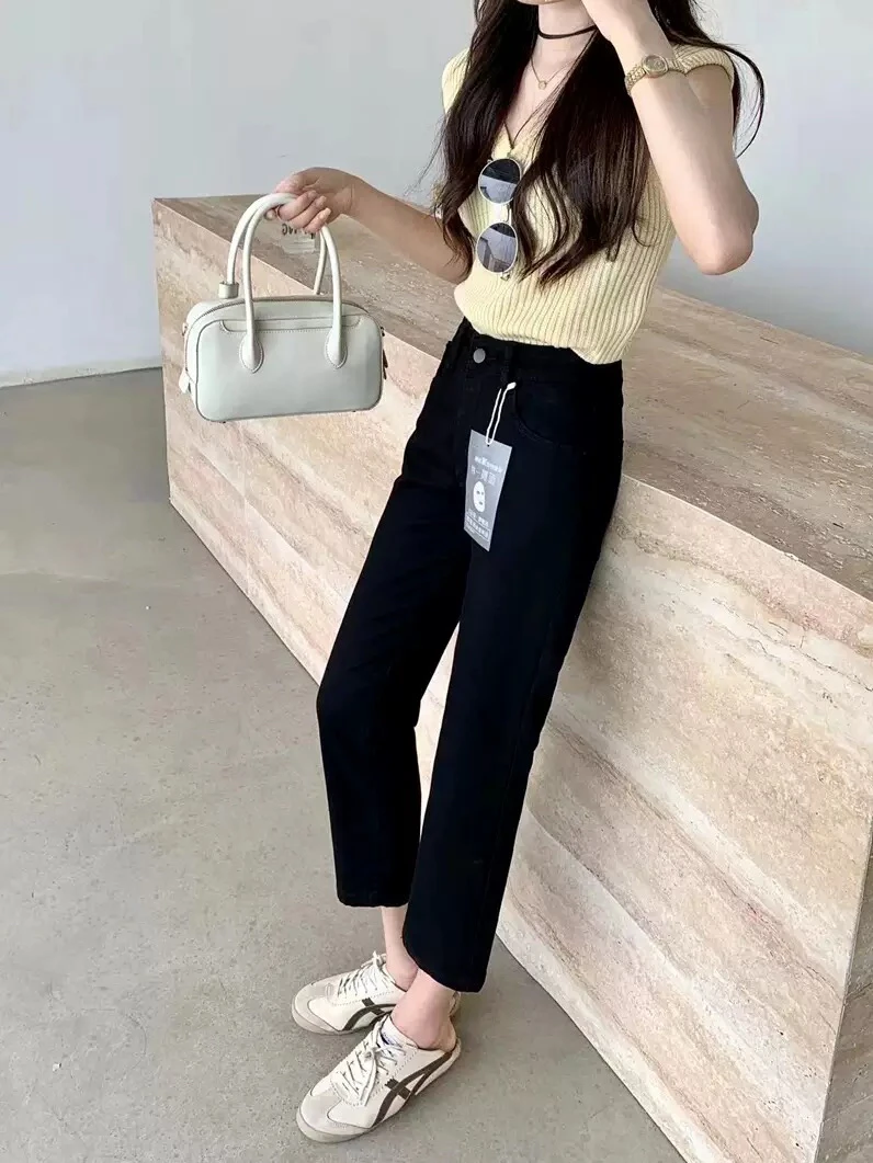 7013 黑色烟管高级感牛仔裤高腰显瘦九分直筒裤