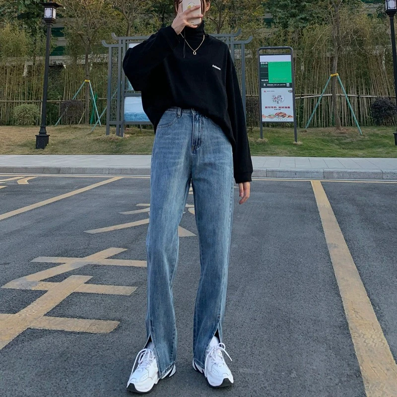 677 高腰显瘦开叉韩版直筒百搭宽松牛仔裤