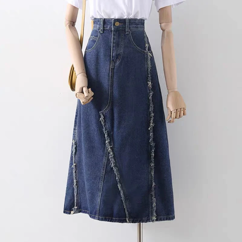 611 不规则毛边拼接牛仔半身裙（G17）