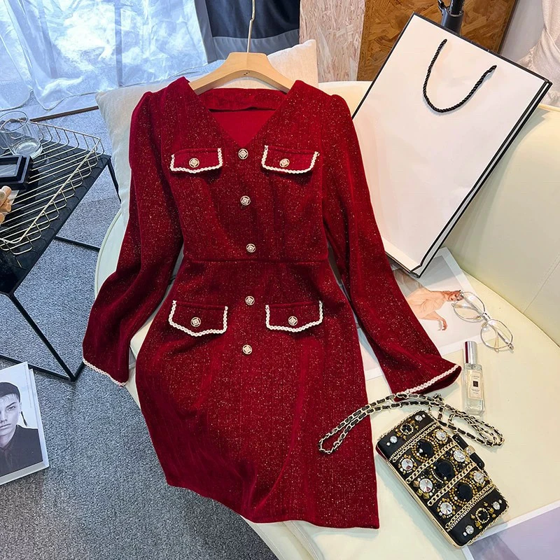 1806  秋冬复古轻奢小香系列收腰显瘦连衣裙（S20）