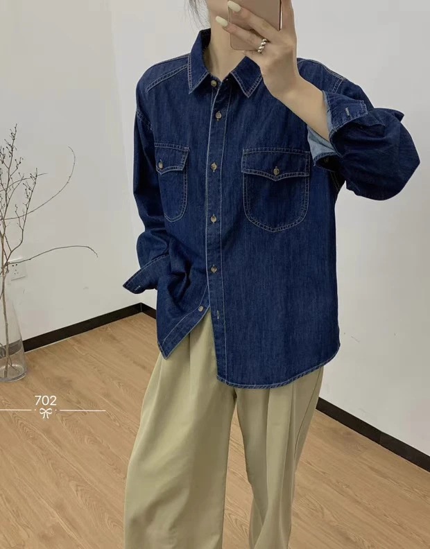 1214 韩版复古翻领休闲长袖牛仔衬衫叠穿外套