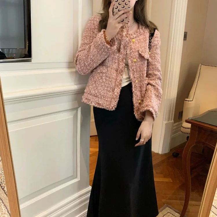 1626法式粉色粗花呢名媛小香风外套