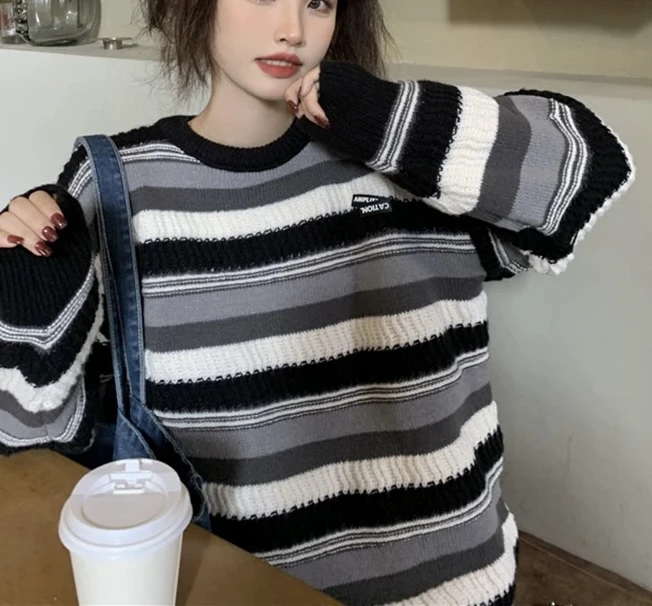 584 复古条纹毛衣慵懒风盐系酷女孩减龄针织衫（A13）