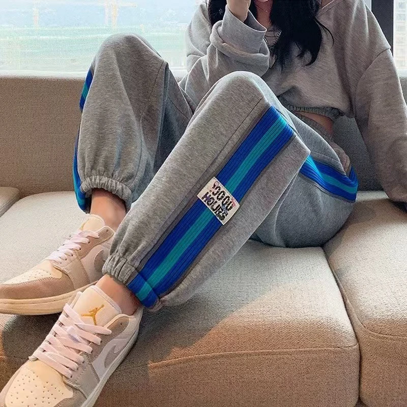 442 韩版拼色时尚设计款炸街高腰抽绳束脚运动裤卫裤（T01）