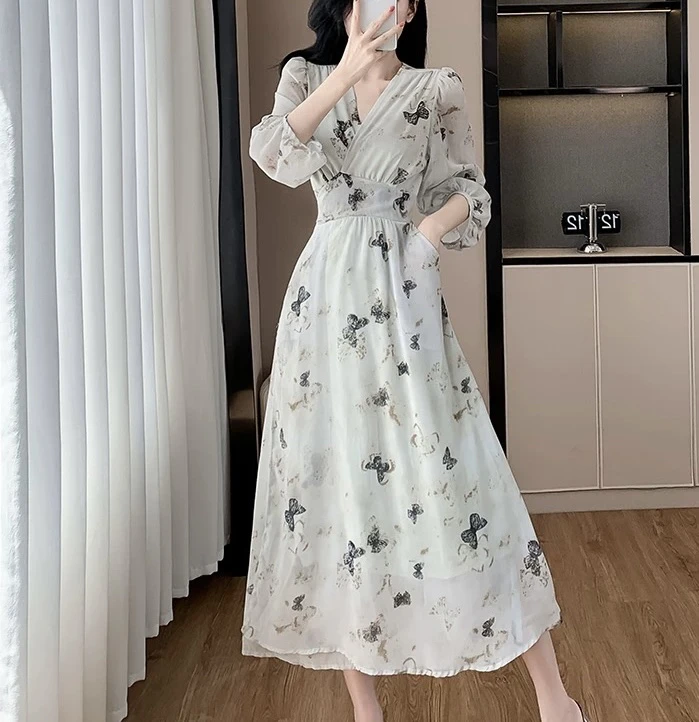 324【细雨灰调】国风优雅韵味一片式收腰连衣裙（S18）