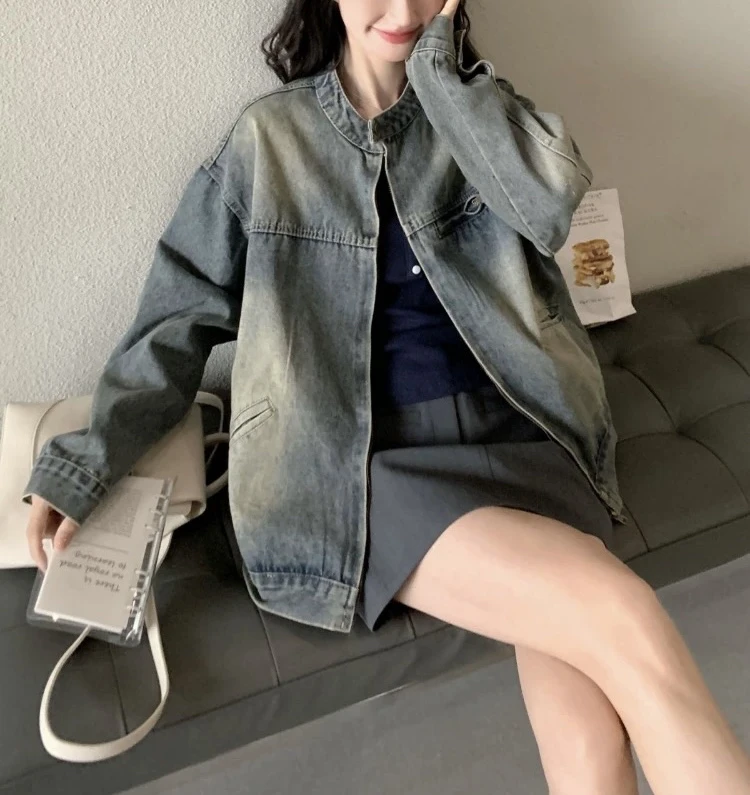 1502  复古港风宽松设计款不规则男友风时尚牛仔外套女牛仔外套