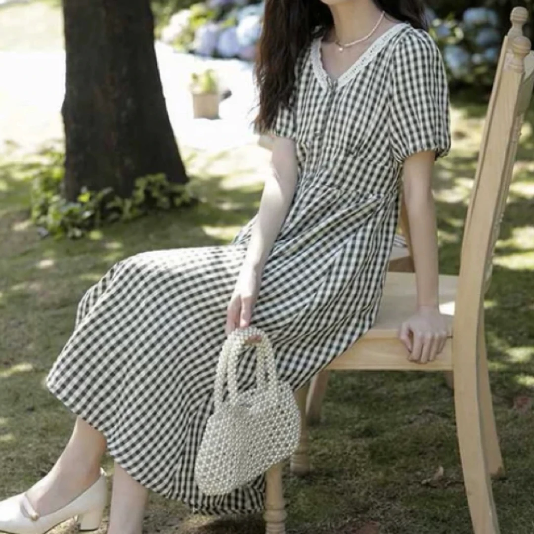 286  韩版时尚格纹高腰复古法式宽松连衣裙（D18）