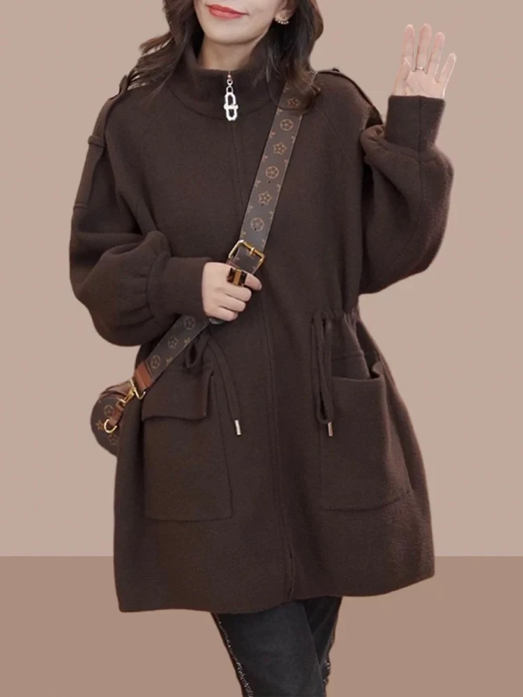 343 港风复古加厚时尚毛呢可收腰中长外套（S18）