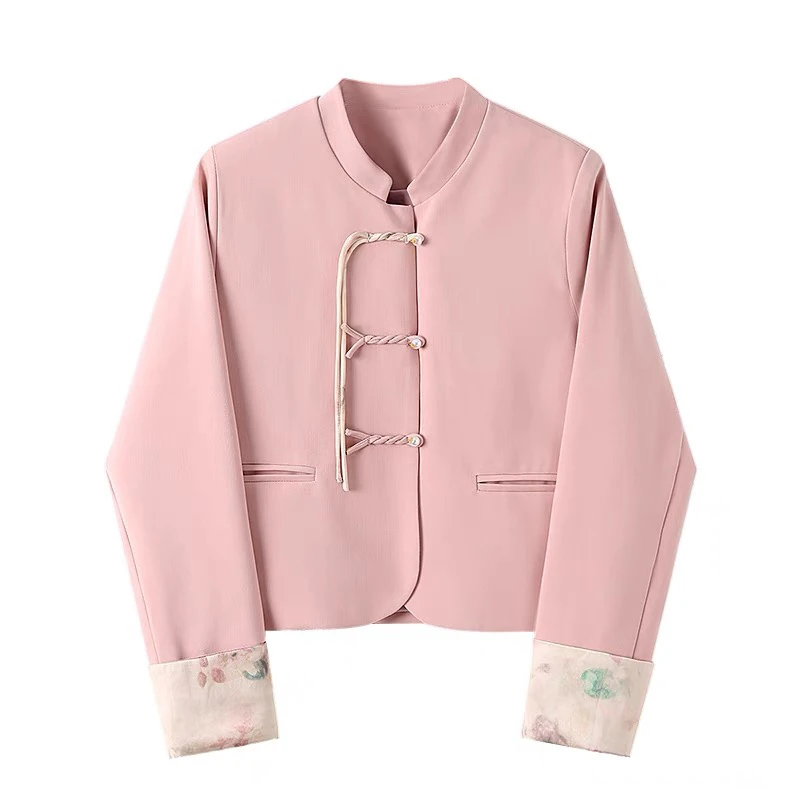 277 【浅瓷粉】高级感复古立领短外套气质中式盘扣宽松百搭上衣