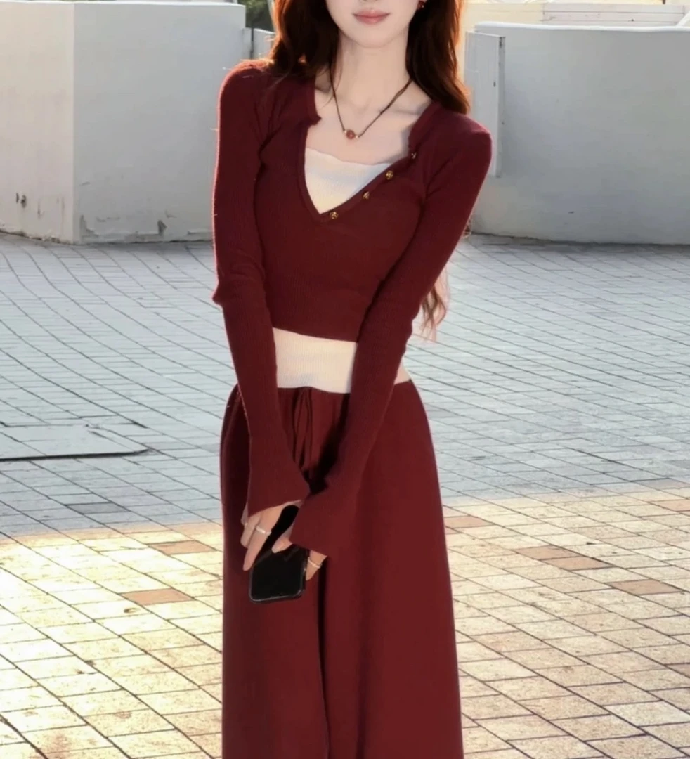 1210 【两件套】纯欲风假两件设计款上衣+阔腿裤 针织毛衣套装（S21）