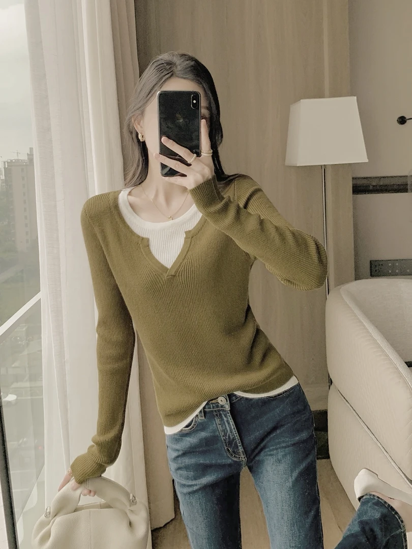1922 韩系复古假两件 ～毛衫舒适亲肤高品质毛衣上衣（J13）