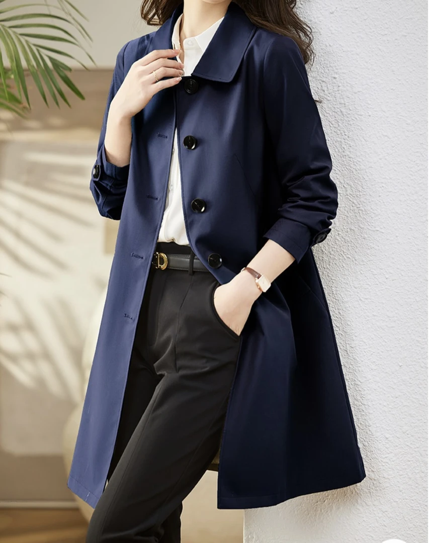 30 复古休闲百搭深蓝色中长风衣