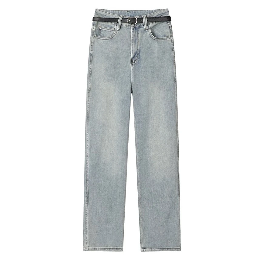 322 复古洗水蓝窄版直筒高腰高弹软料牛仔裤（不含腰带）（D18）