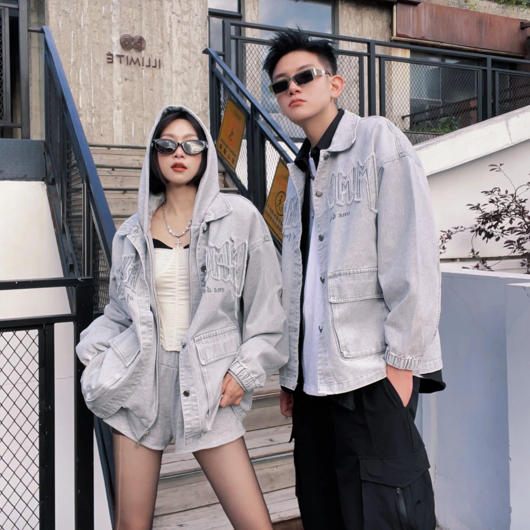 「青木社」翻领牛仔外套oversize宽松百搭设计感美式复古上衣男女