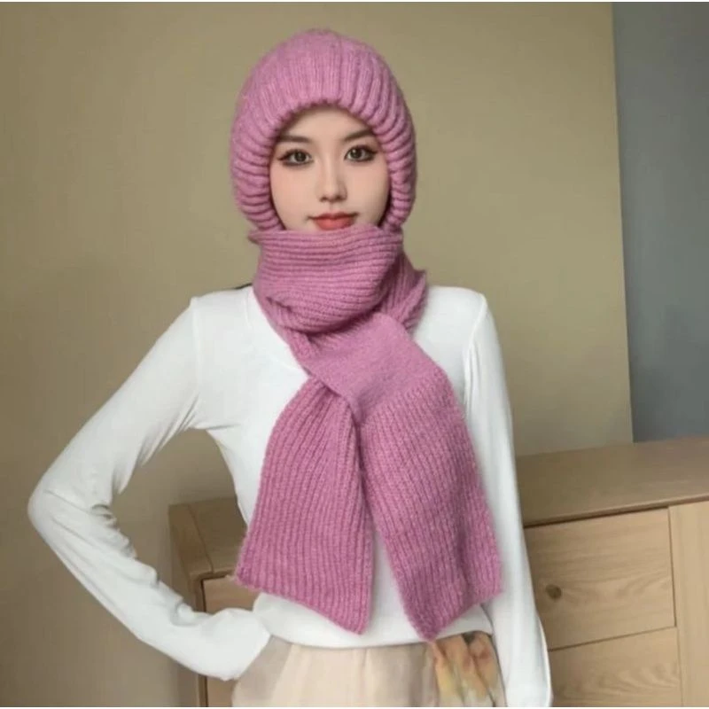 24新款风雪帽女秋冬季加绒加厚保暖双层针织围巾连体护耳骑车防风